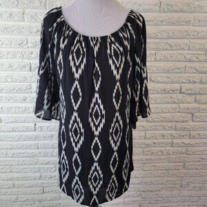 Voll Women's XL Black White Geometric Off Shoulder 3/4 Bell Sleeve Blouse GEO31E